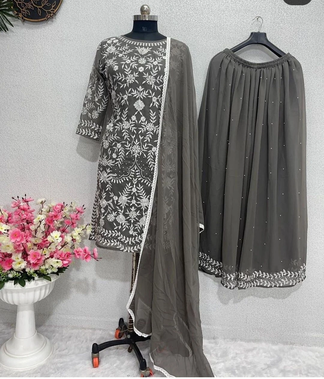 Grey Embroidered Sharara