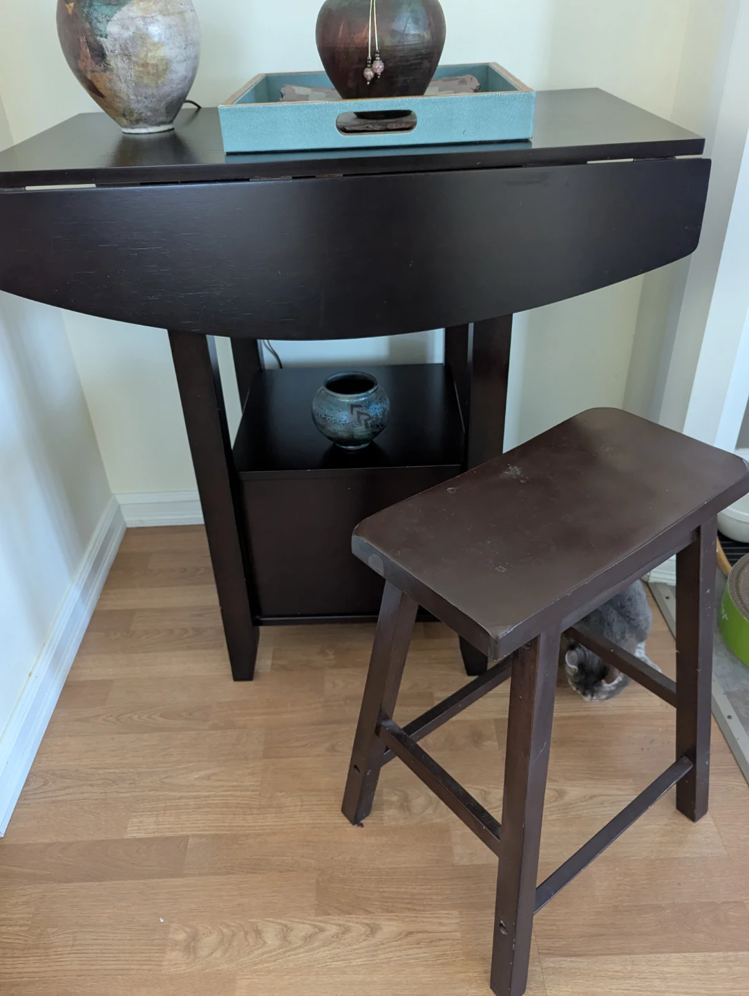 Dark Brown Drop Leaf Table with Stool - photo 2