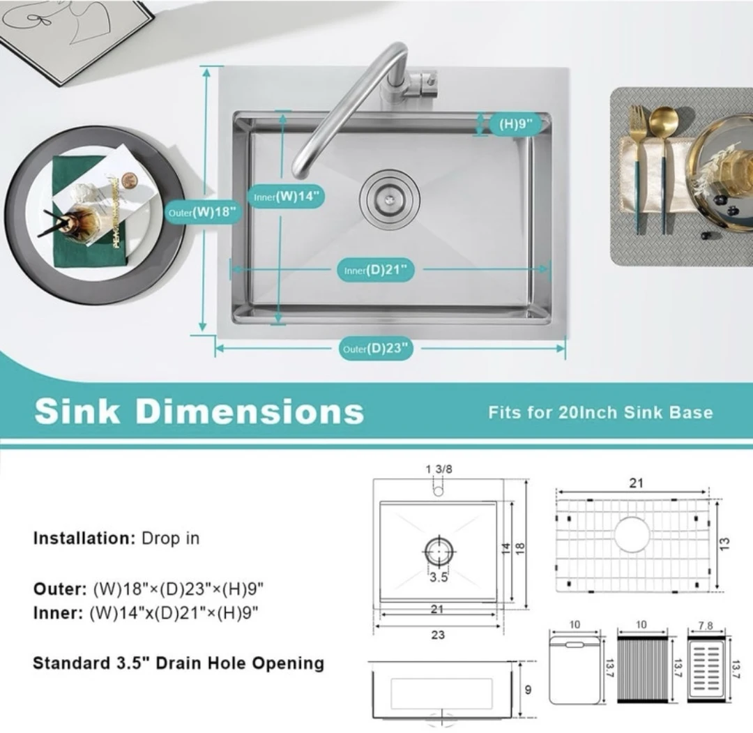 Drop in Kitchen Sink 22x18” - 18 Gauge Stainless Steel NEW - photo 4