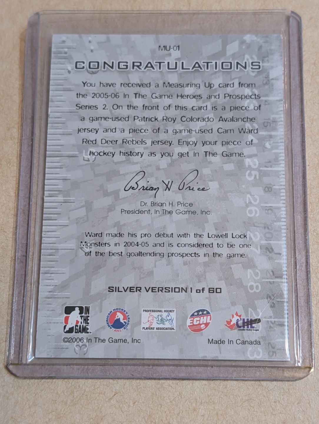 ITG Measuring Up Patrick Roy Cam Ward Jersey MU-01 Silver 1/60 - photo 2