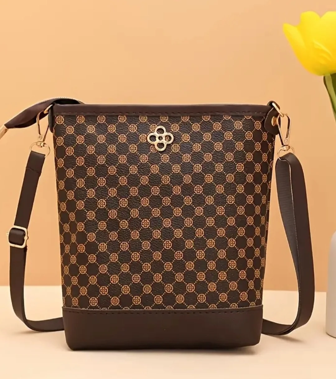 Brown Geometric Pattern Bucket Bag