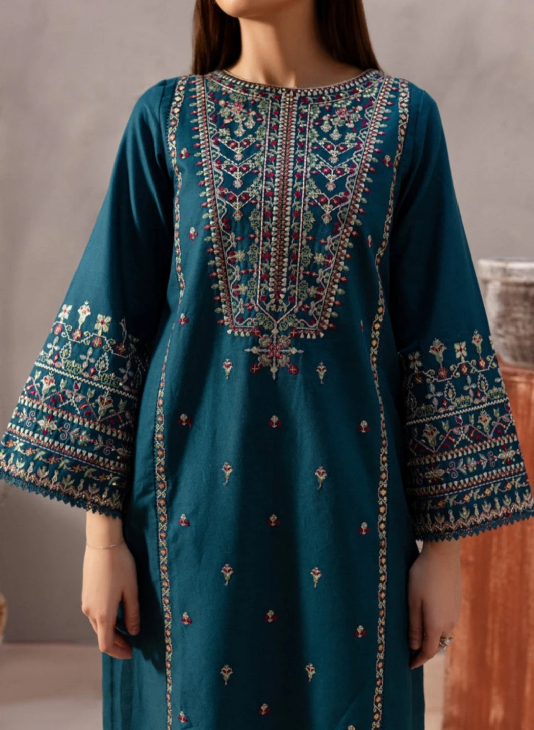 Teal Embroidered Kurti with Pants - photo 3