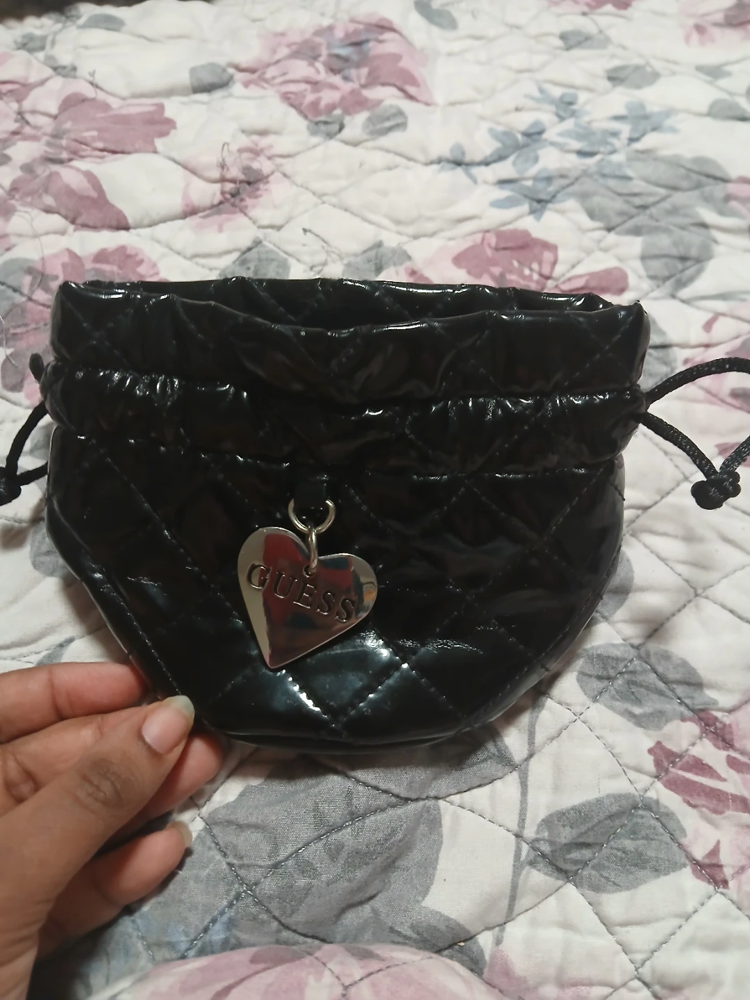 Black Quilted Guess Pouch with Heart Charm
