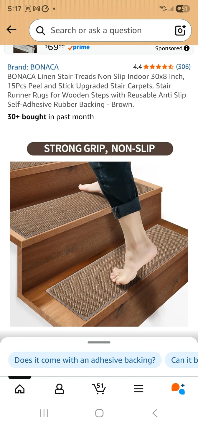 BONACA Linen Stair Treads Non Slip Indoor 30x8 Inch, 15 Pcs - photo 2