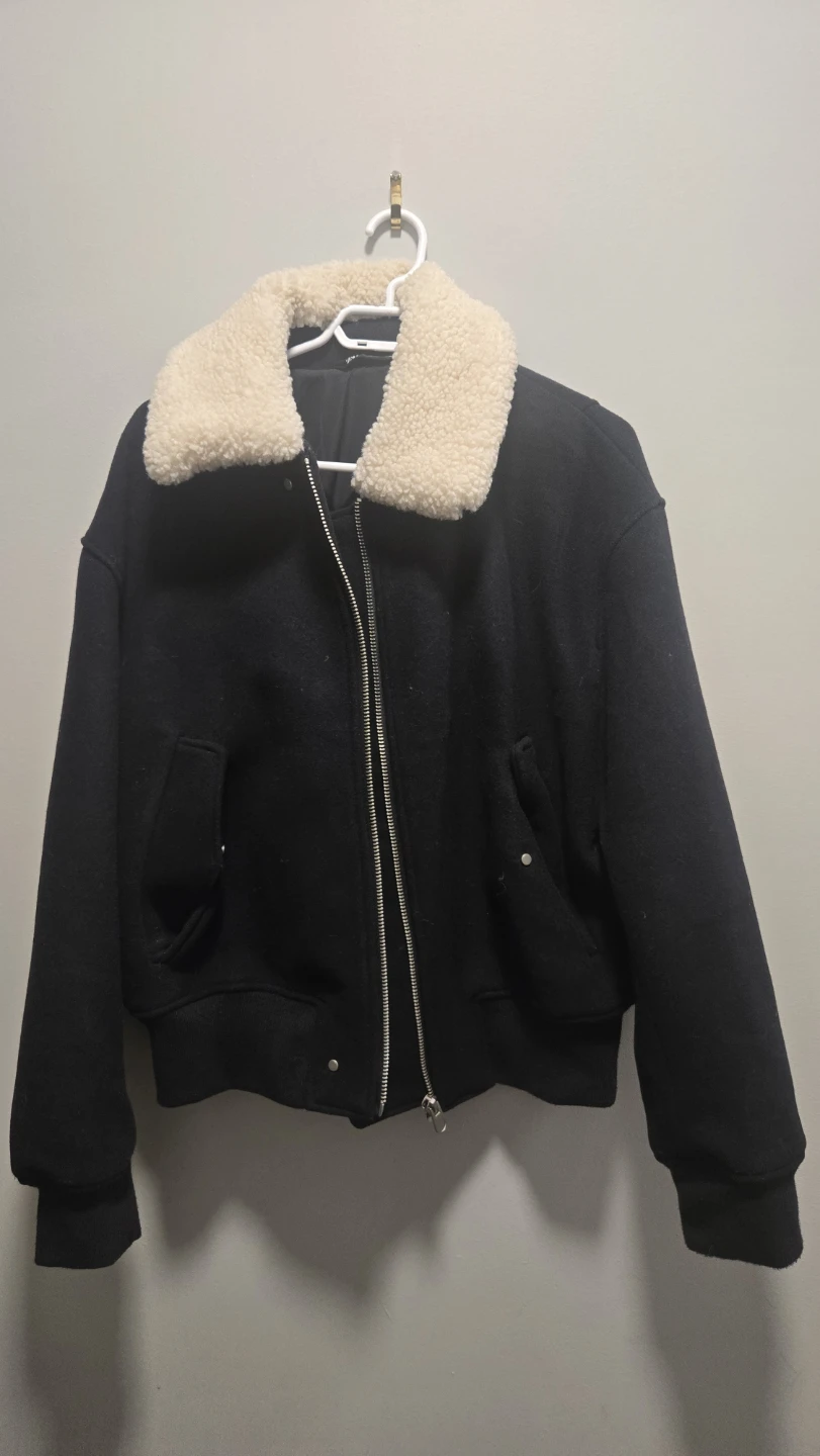 Zara Black Bomber Jacket with Sherpa Collar - Size L