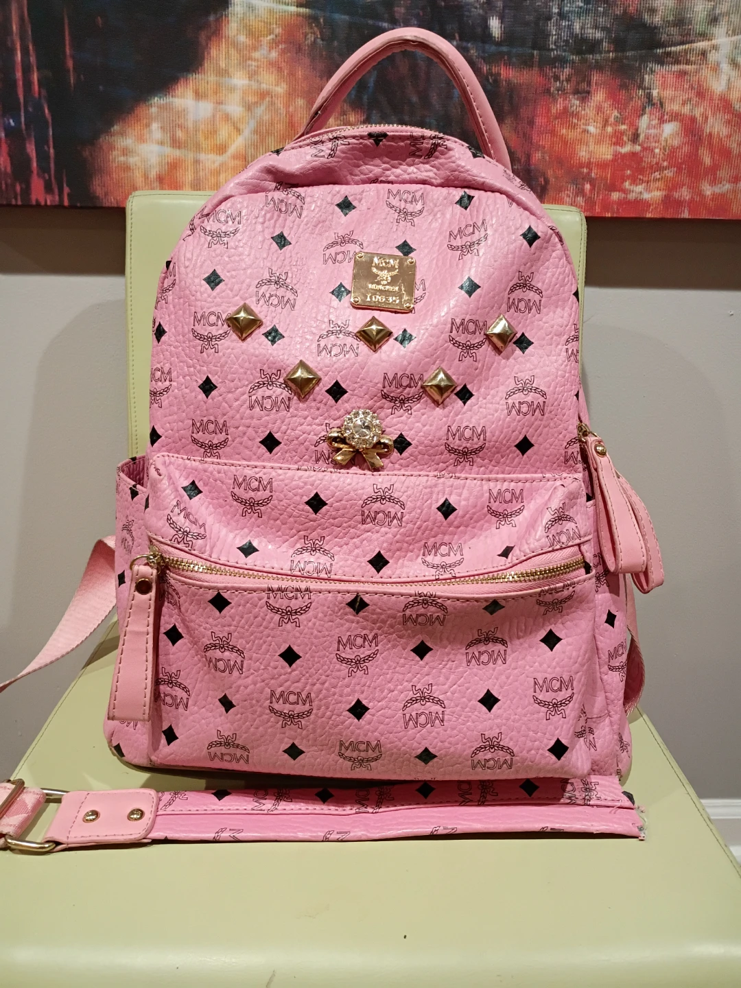 MCM Pink Studded Visetos Backpack