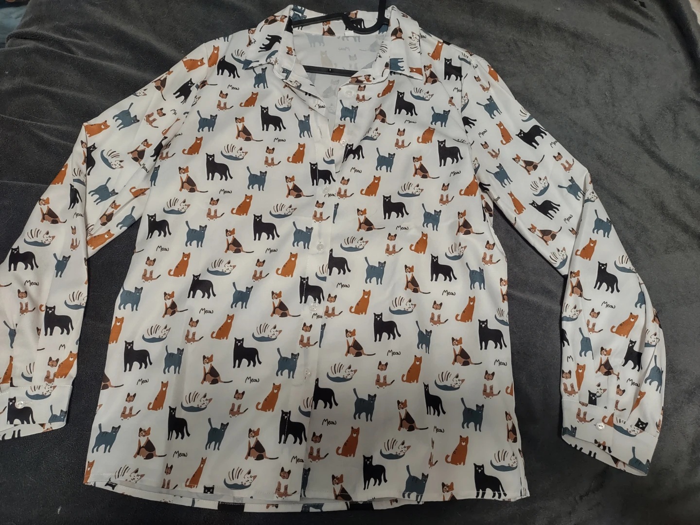 White Long Sleeve Shirt with Cats Print