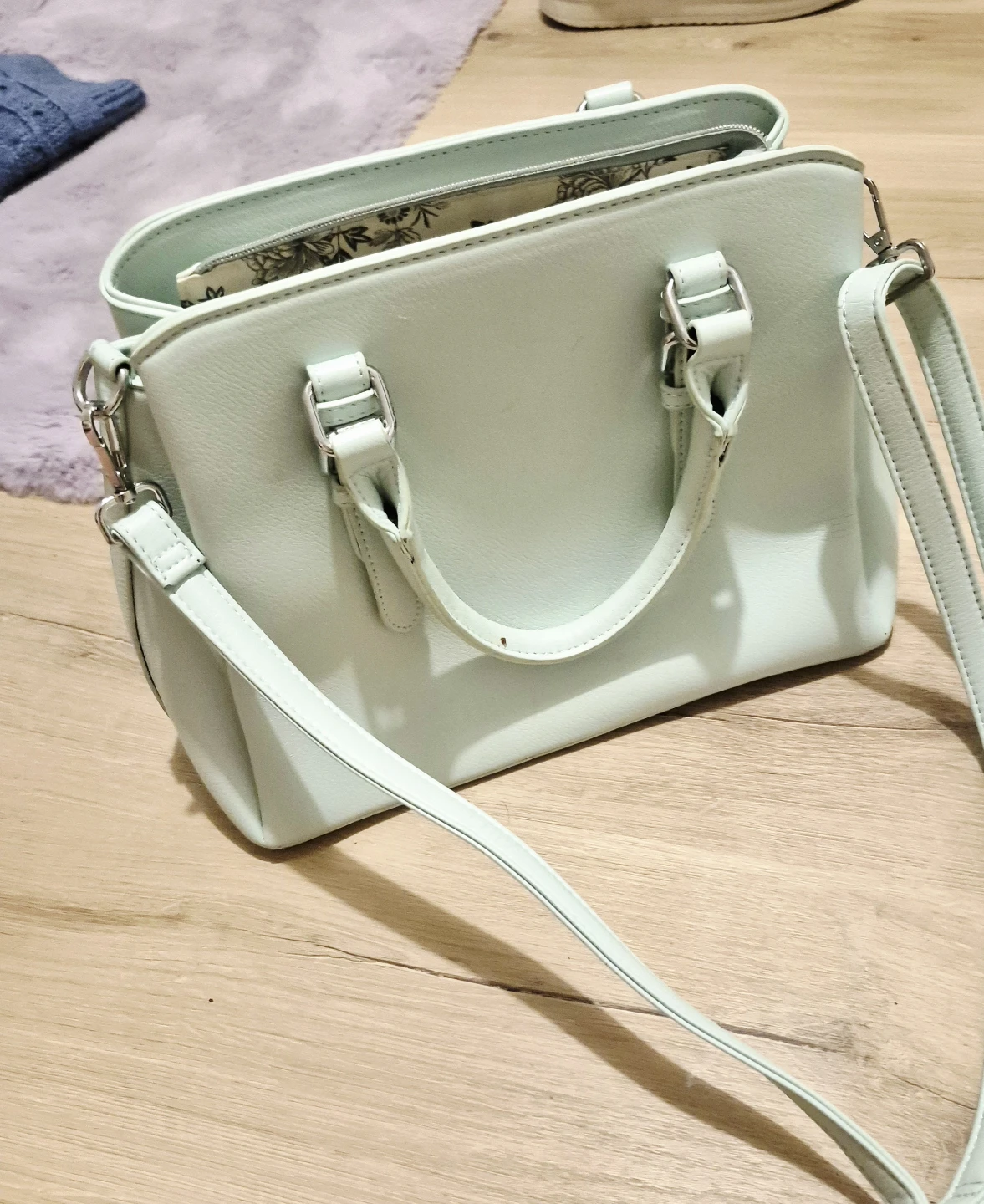 Pale Mint Green Satchel Handbag with Floral Lining
