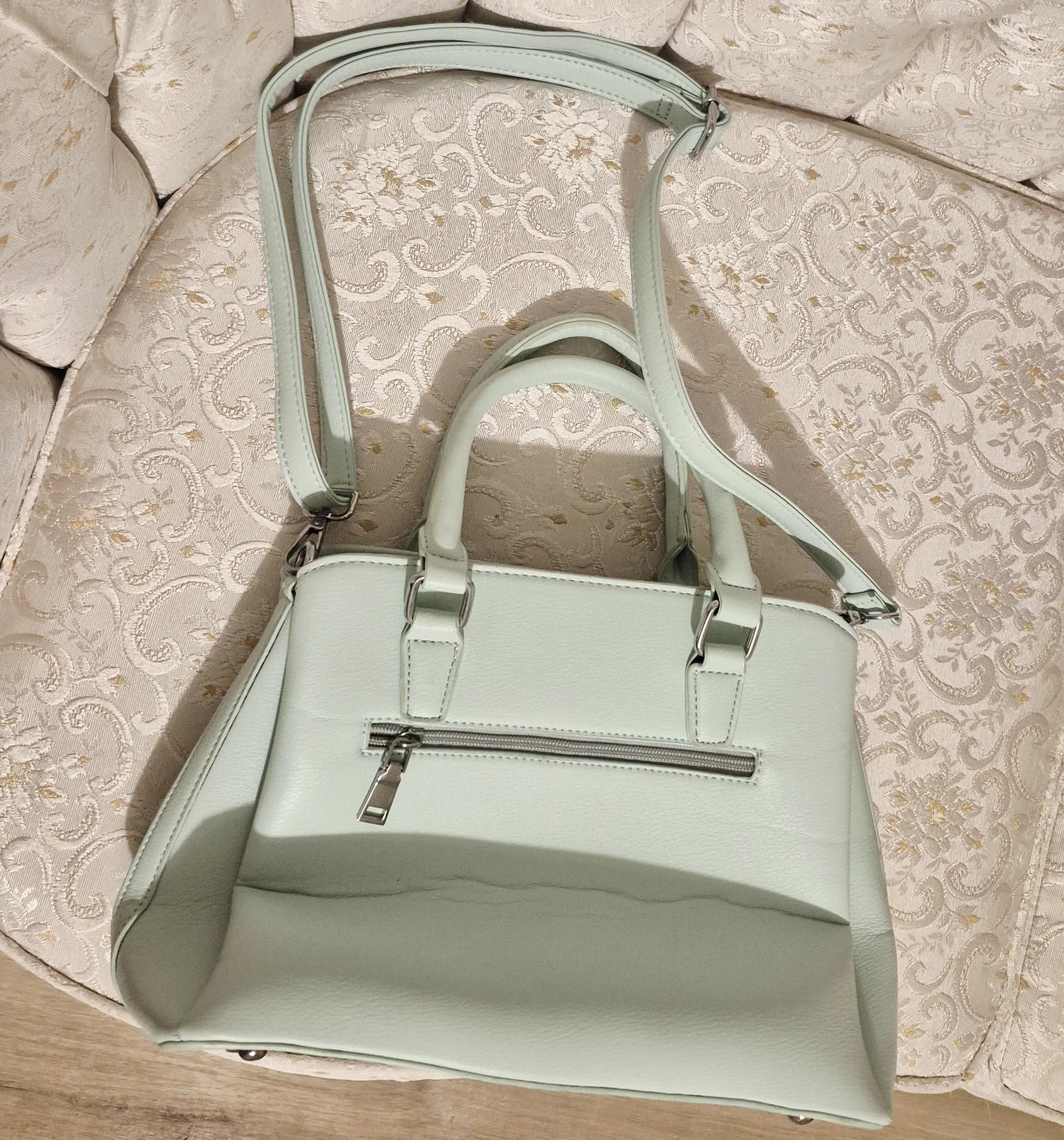 Pale Mint Green Satchel Handbag with Floral Lining - photo 2