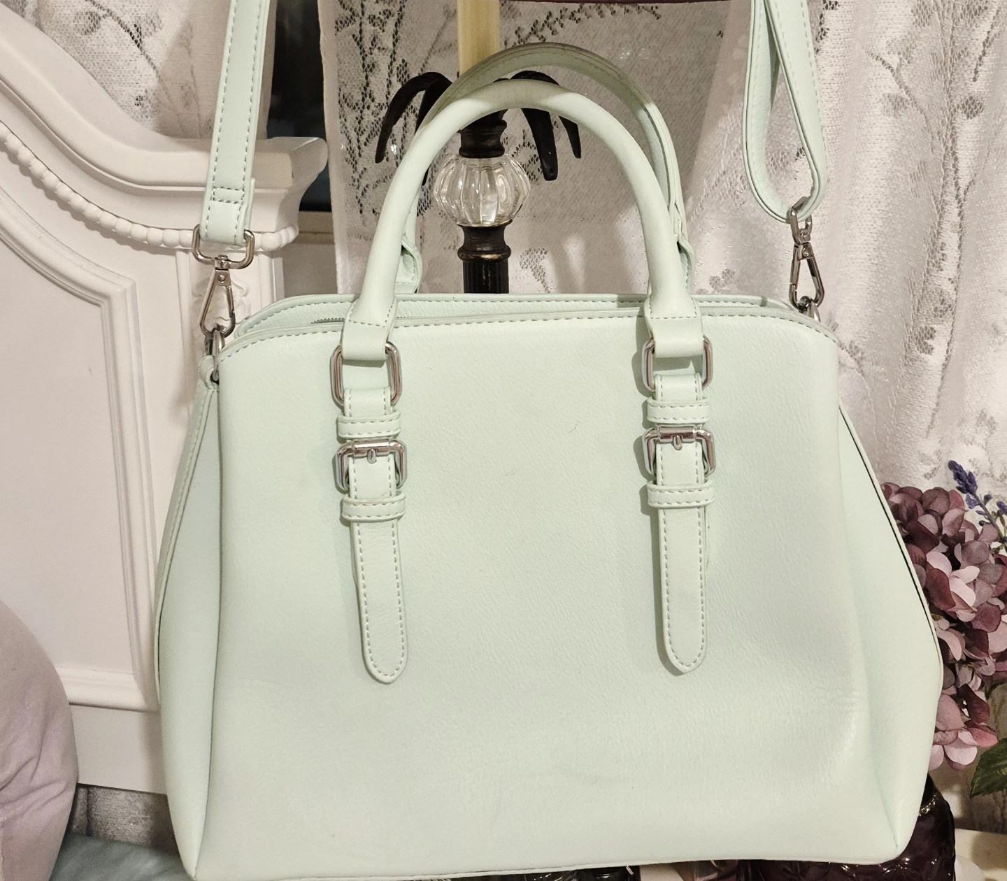 Pale Mint Green Satchel Handbag with Floral Lining - photo 3