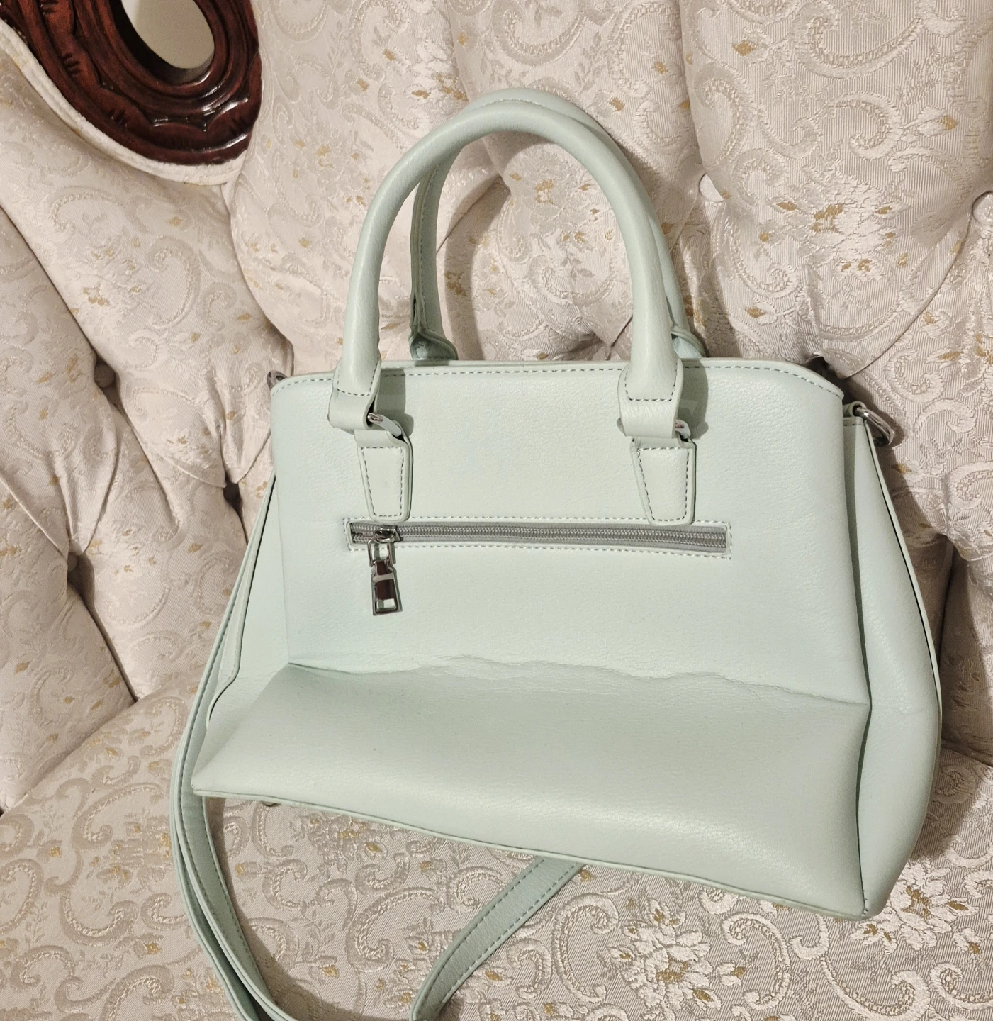 Pale Mint Green Satchel Handbag with Floral Lining - photo 5