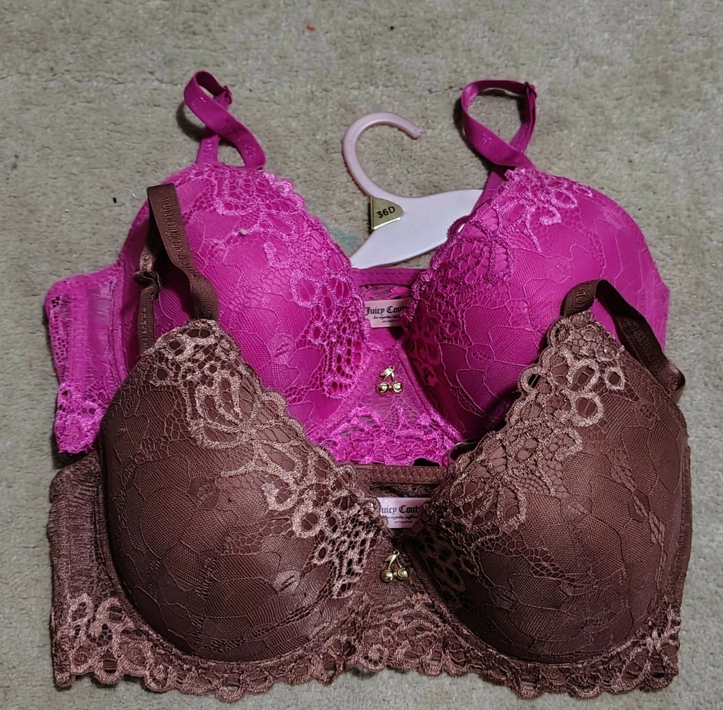 Juicy Couture Pink & Brown Lace Bras - 36D