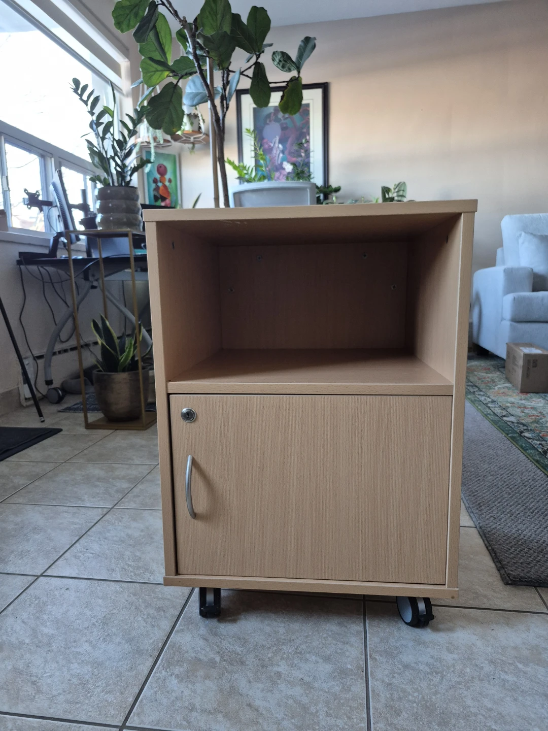 Light Wood Rolling Cabinet with Lock