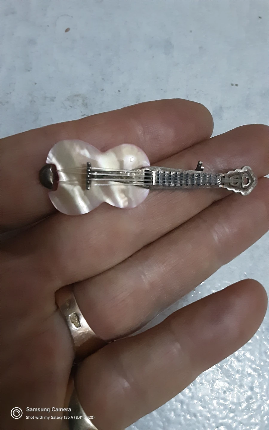 Guitar Brooch Pin with Mother of Pearl and silver - photo 3