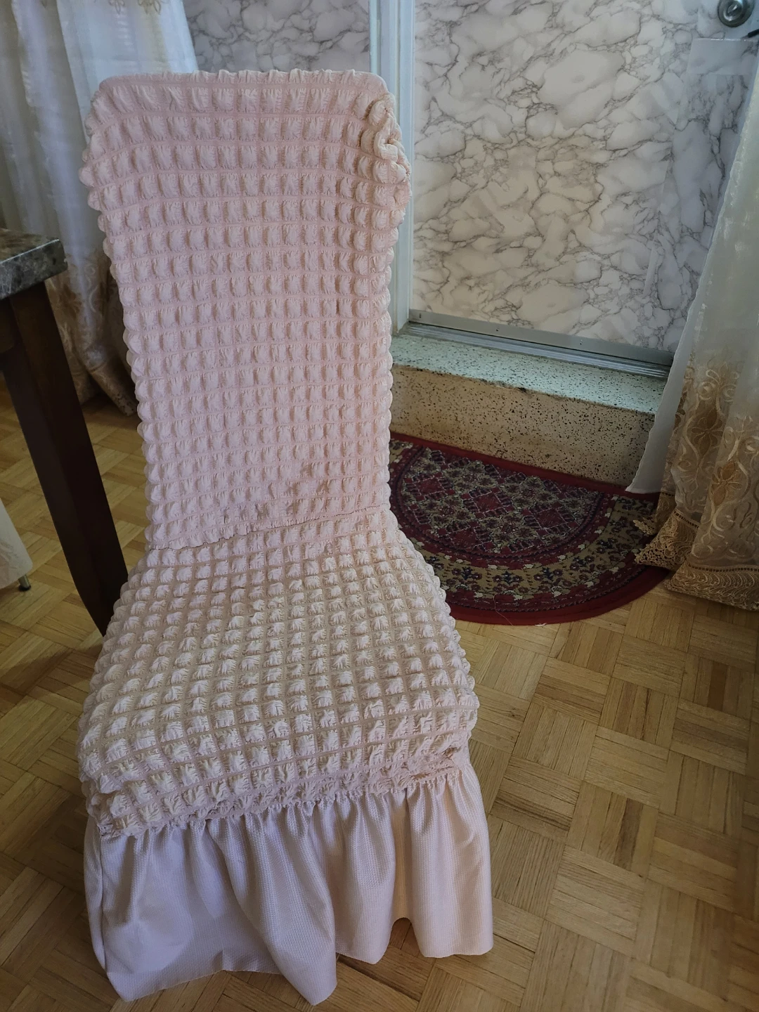 Cream Textured Dining Chair Cover with Ruffle Skirt New $6 each