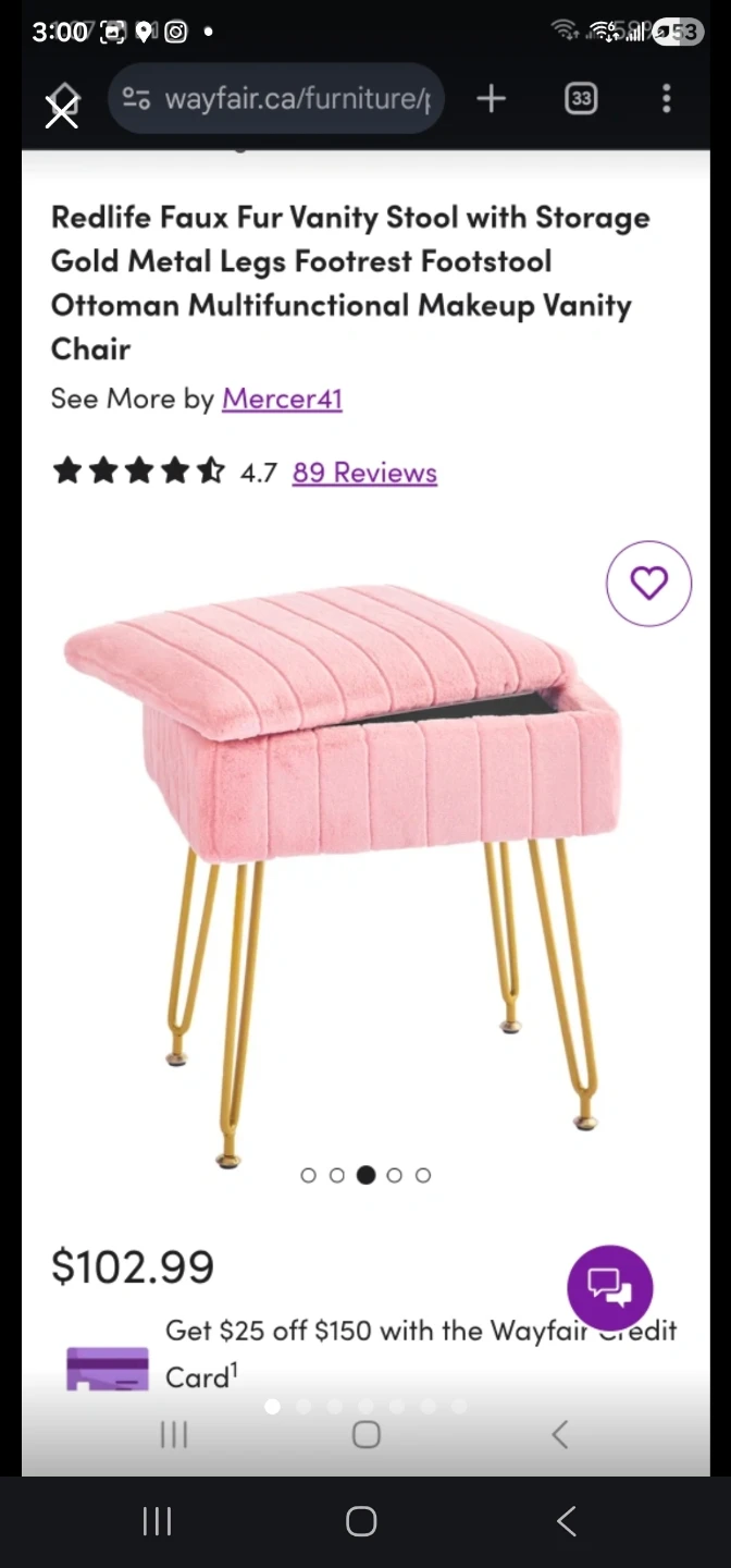 Mercer41 Pink Faux Fur Vanity Stool with Storage