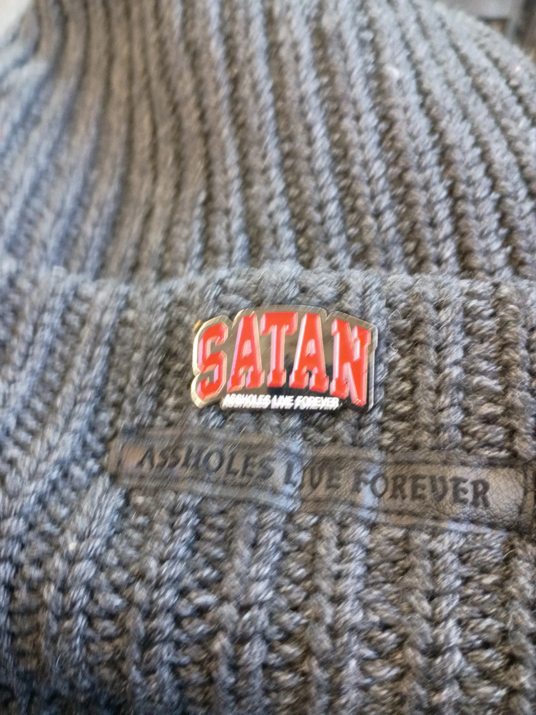 Grey Knit Beanie with "SATAN" Pin