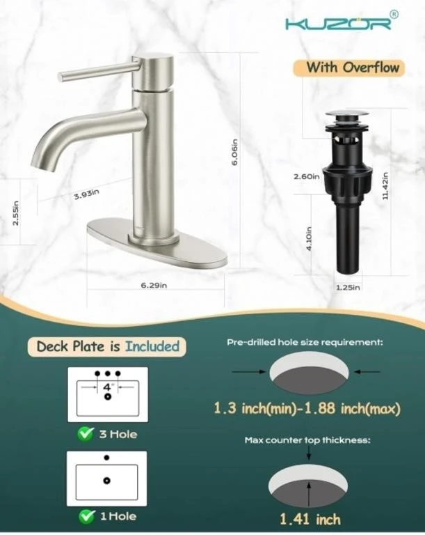 KUZOR Brushed Nickel Bathroom Faucet with Overflow Drain
