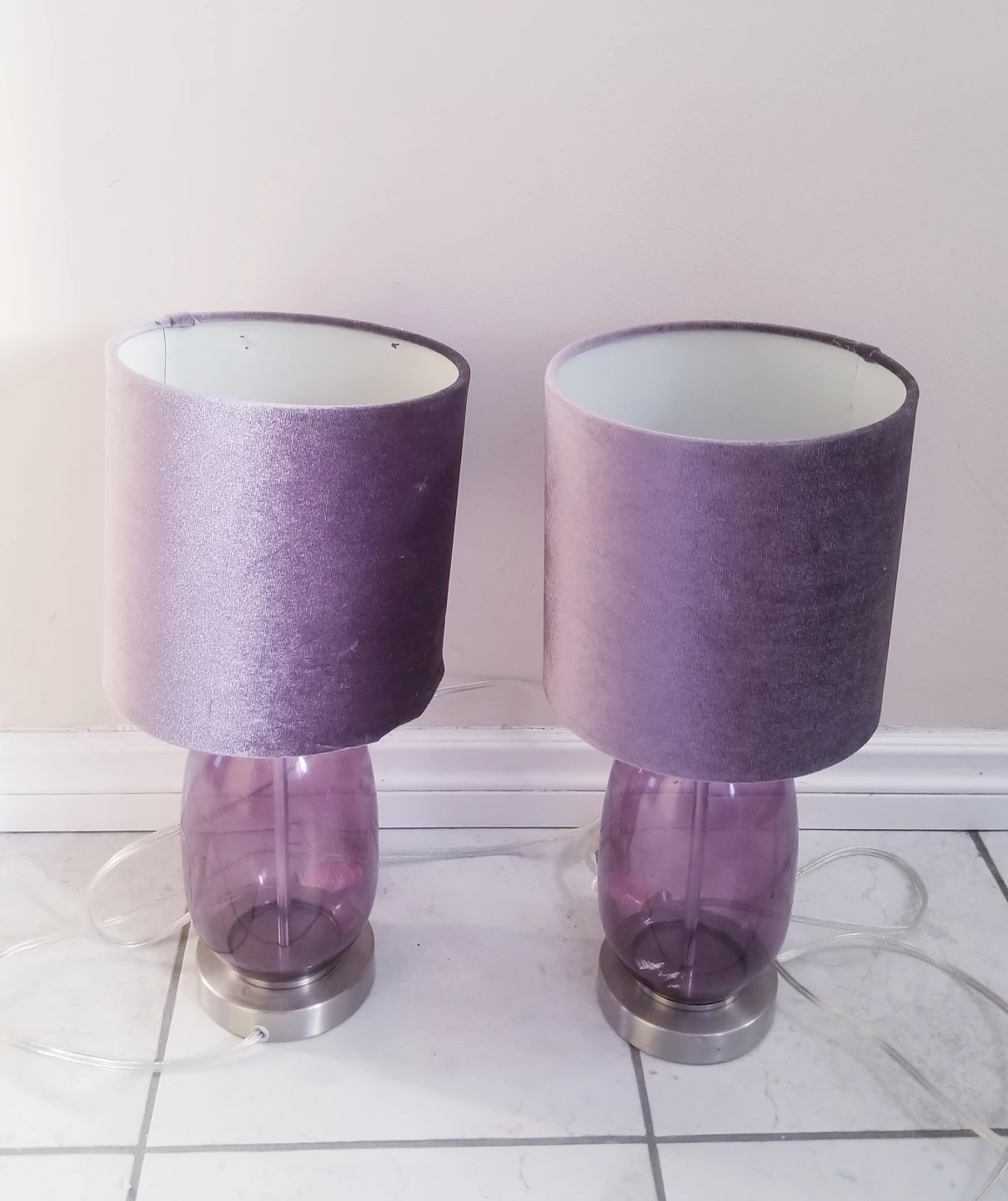 Pair of Purple Glass Table Lamps with Velvet Shades