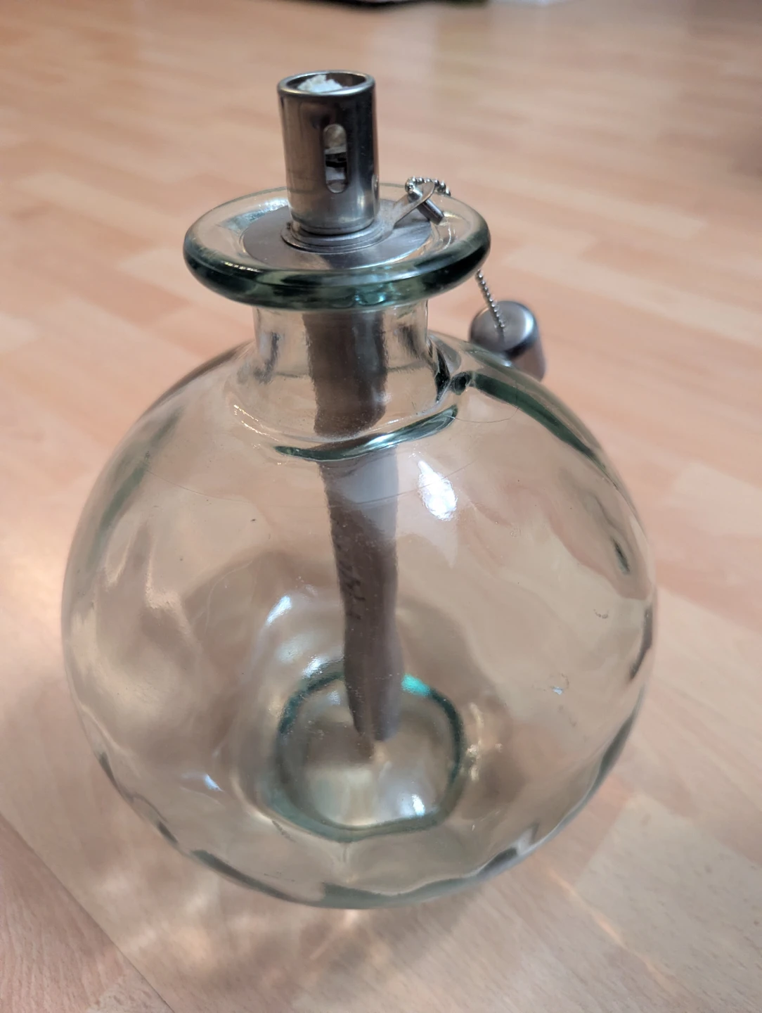 NEVER USED thick glass oil lamp approx 9" tall x 20" around