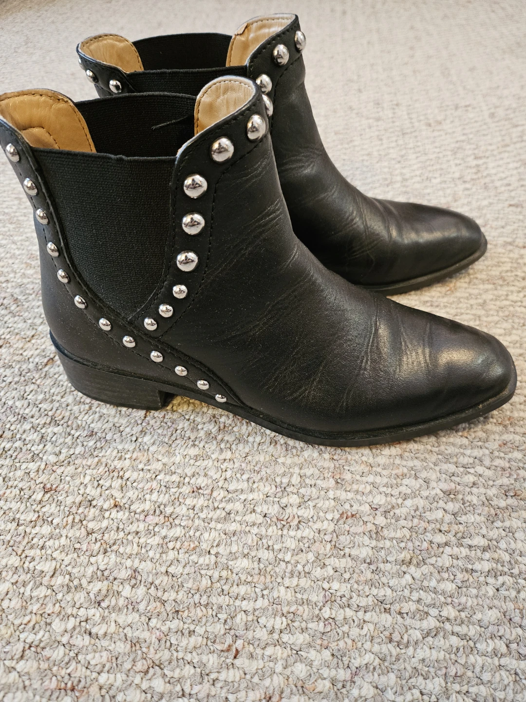ZARA Black Leather Studded Ankle Boots - Size 39