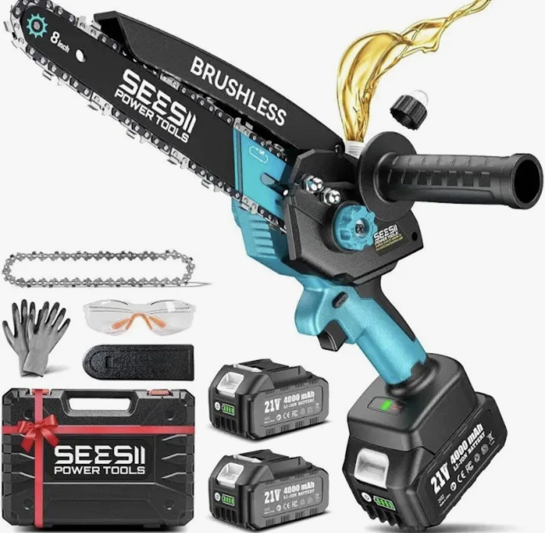 SEESII 8-inch Brushless Cordless Chainsaw with 2x 21V 4
