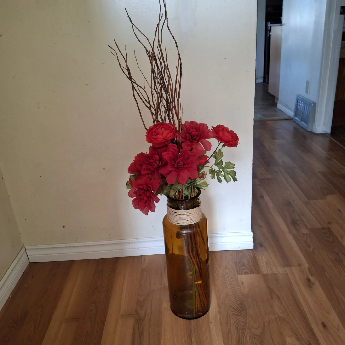Amber Glass Vase Red Flowers and Branches