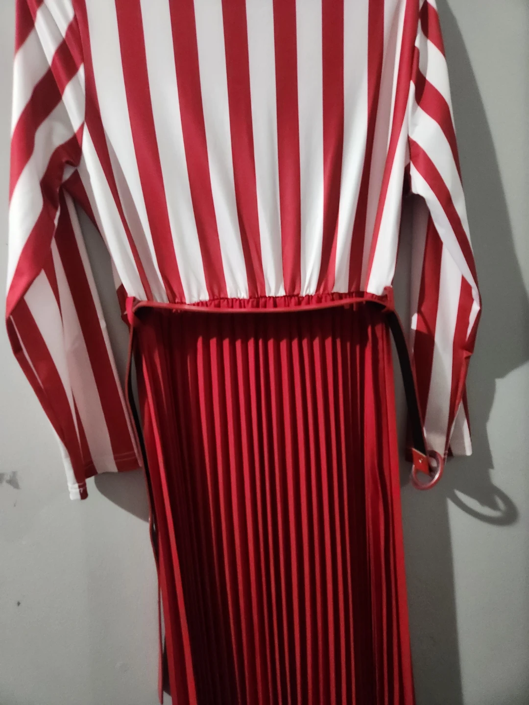 Red and White Striped Pleated Dress with Belt - photo 5