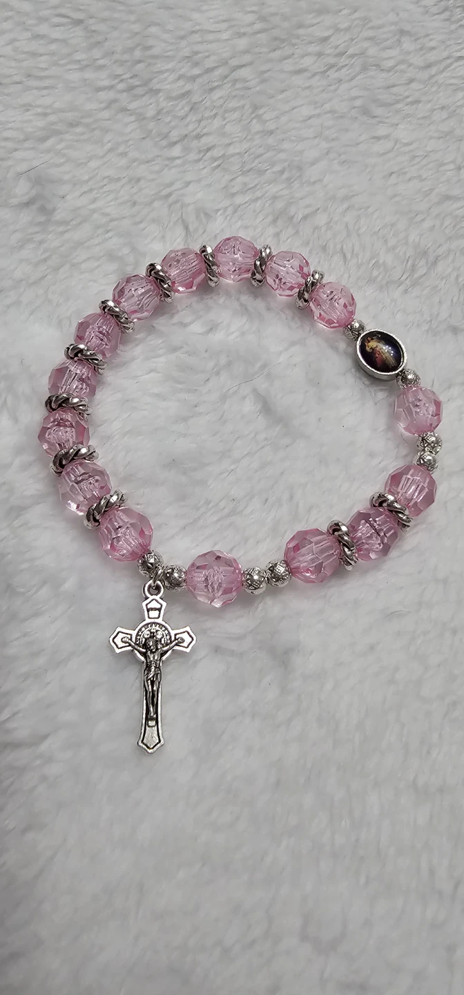 Pink Beaded Rosary Bracelet with Crucifix Charm