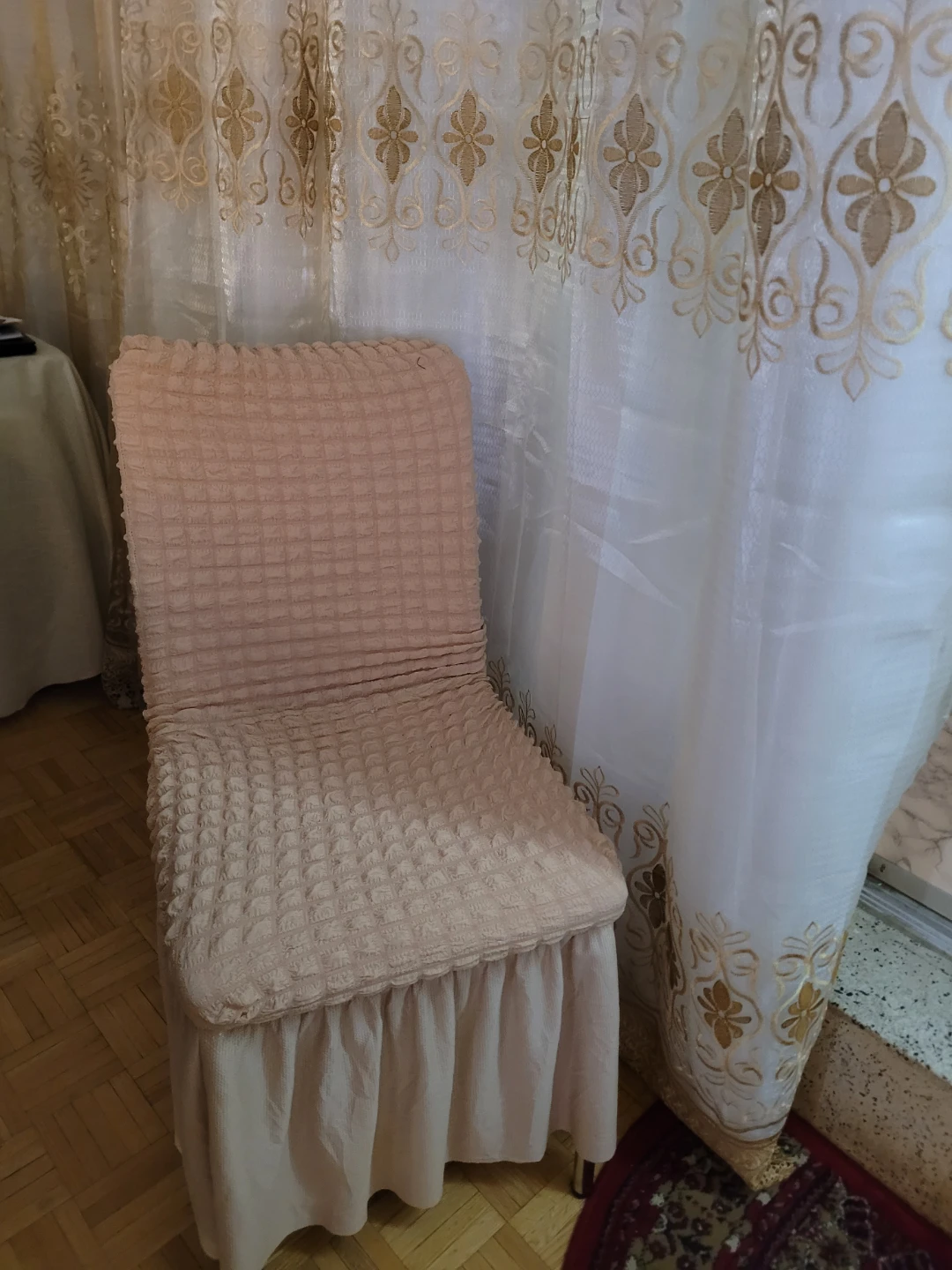 Cream Textured Dining Chair Cover with Ruffle Skirt New $6 each - photo 3