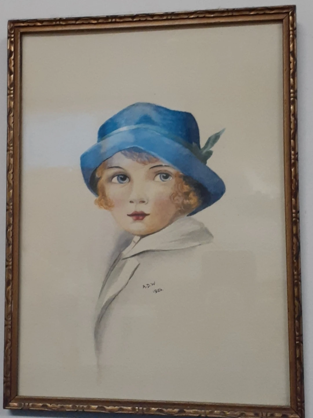 Framed Watercolour Painting of a Child with Blue Hat - 1926