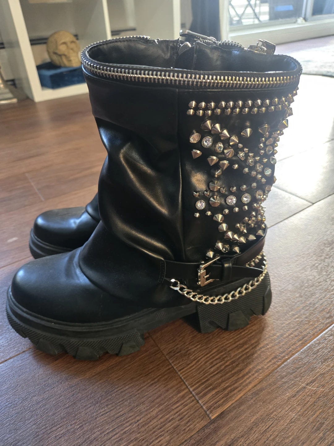 Black Studded Platform Boots with Chain Detail