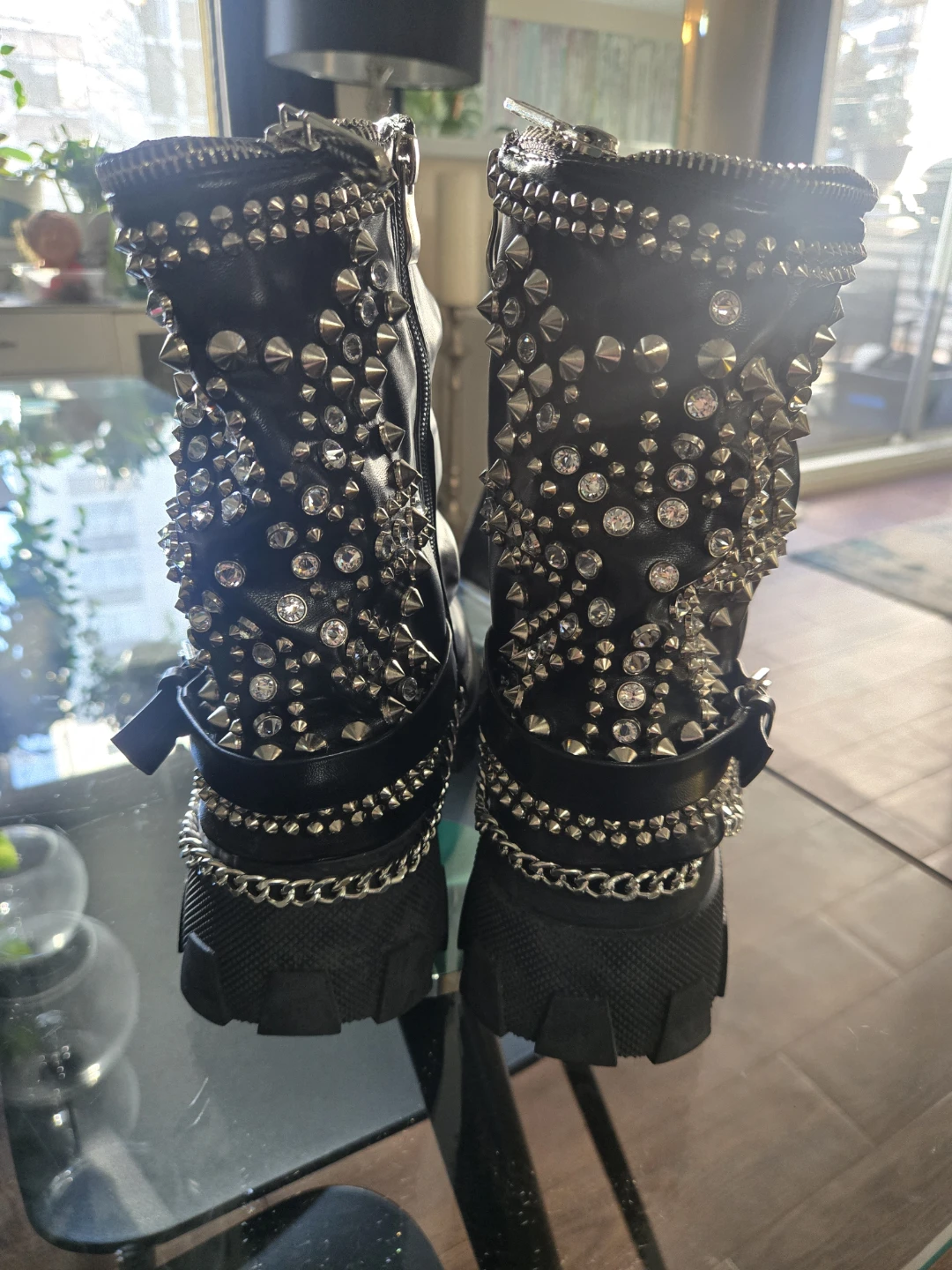 Black Studded Platform Boots with Chain Detail - photo 3