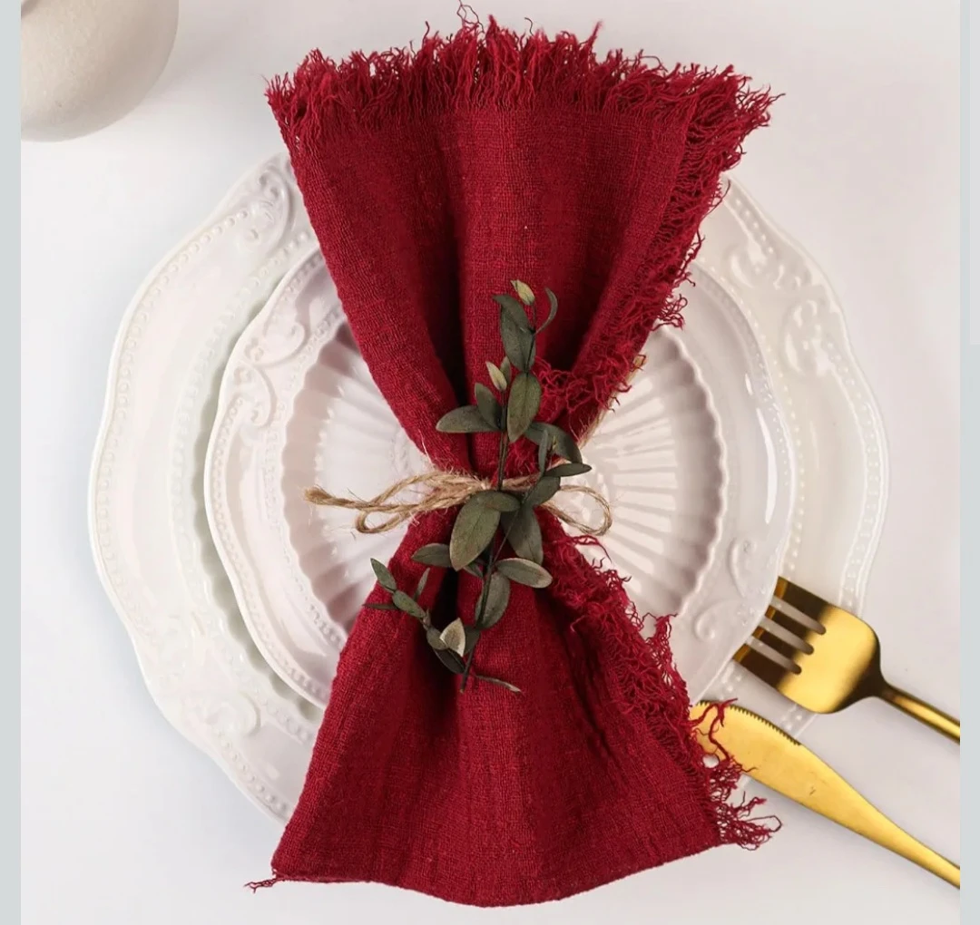 Burgundy Linen Napkins with Fringed Edges (Set of 10) - photo 2