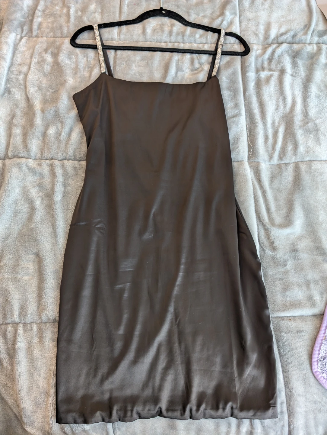 Black Satin Mini Dress with Sparkly Straps
