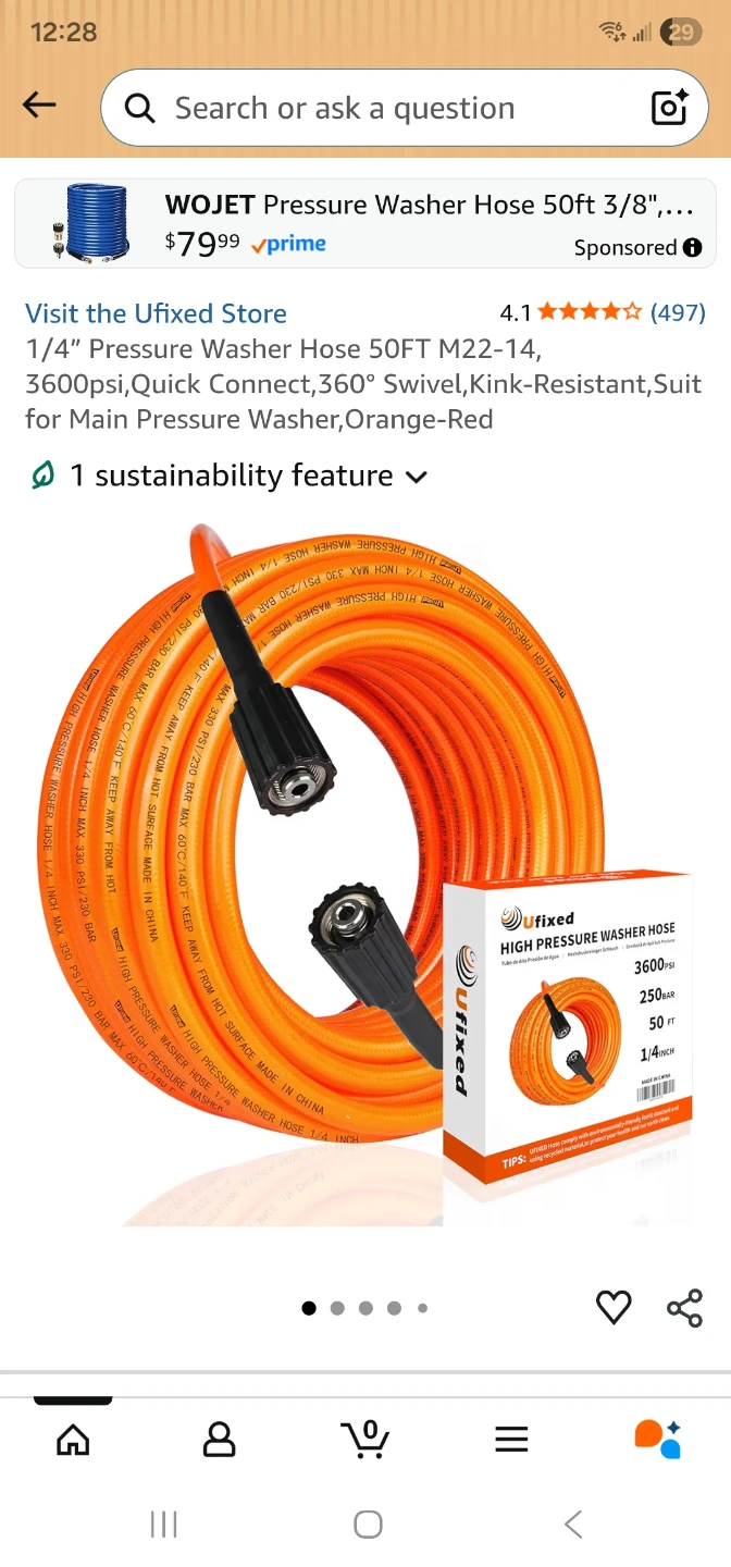 UFixit High Pressure Washer Hose - 50ft, Orange - photo 2