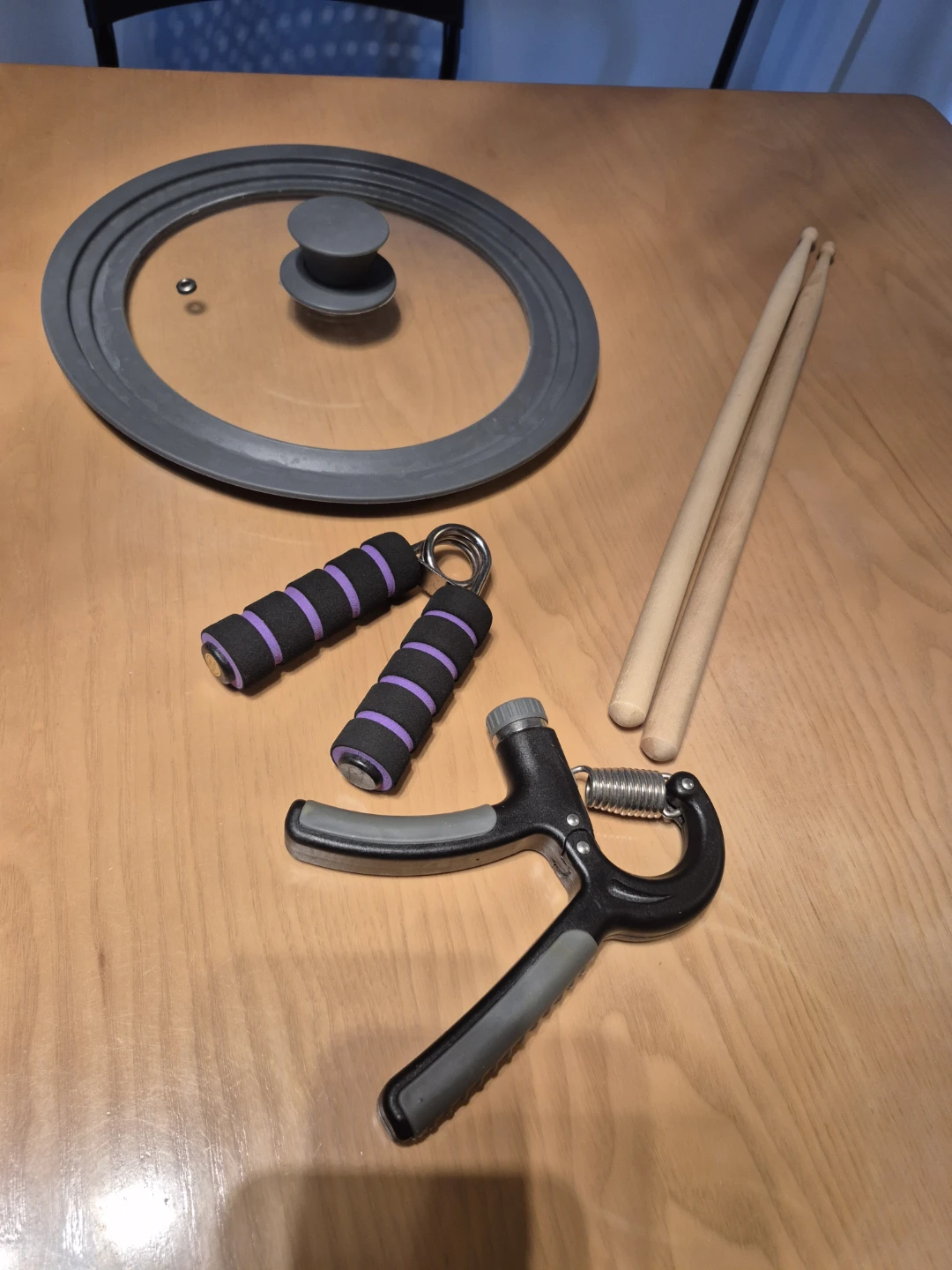 Fitness Hand Grips, Drumsticks, and Pot Lid