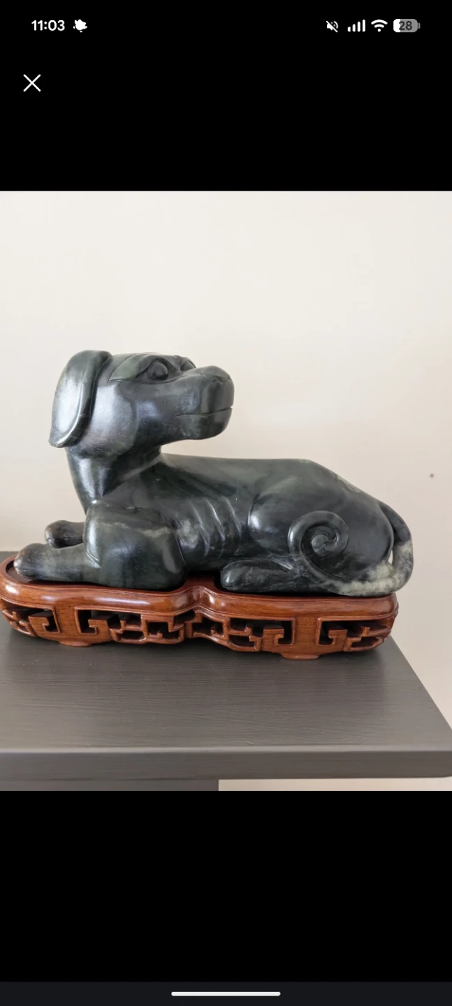 Jade Dog Sculpture with Wooden Base and marble