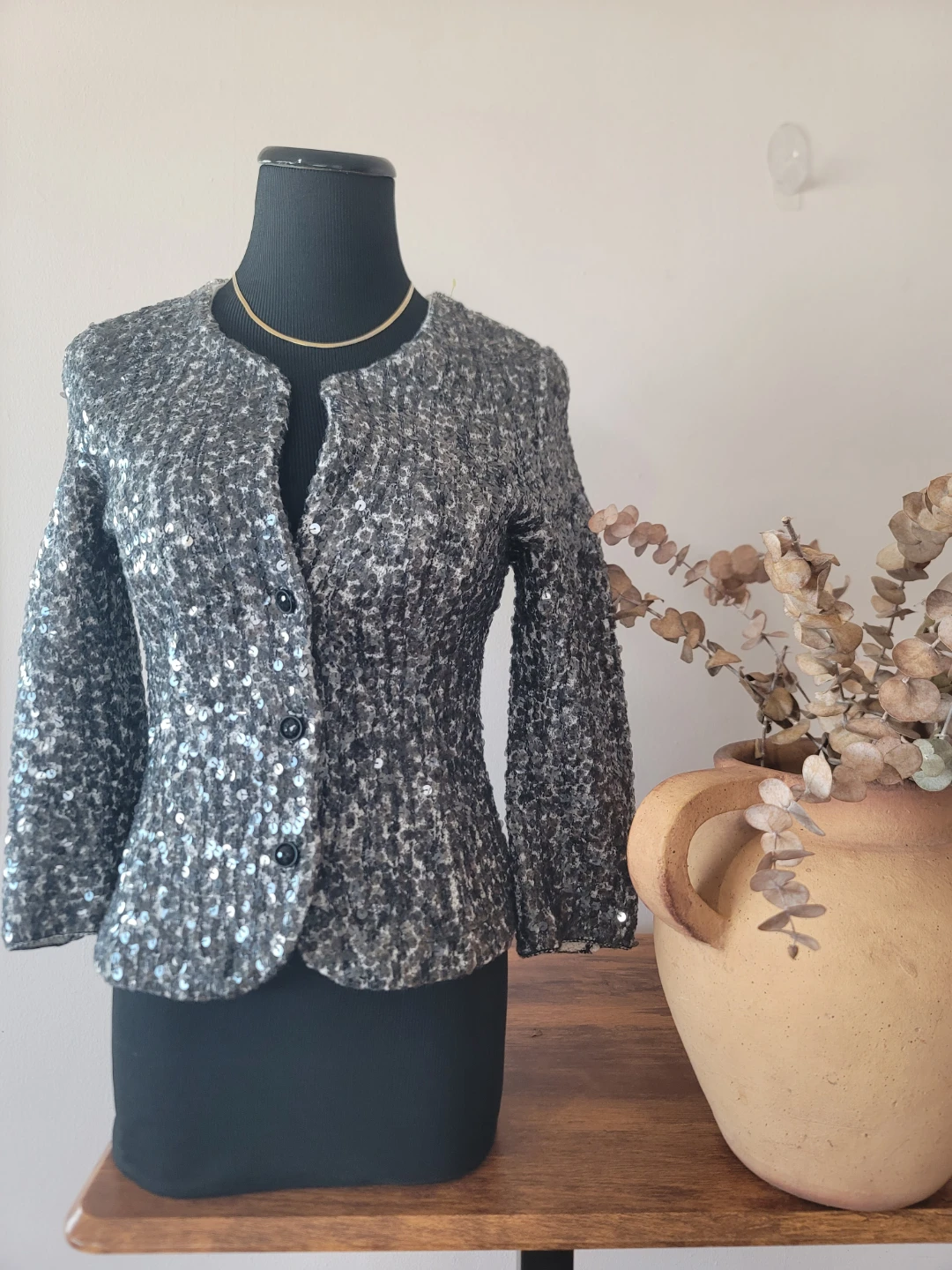 Etcetera Shimmering Sequin Knit Cardigan Mob Wife Sz XS Cotton