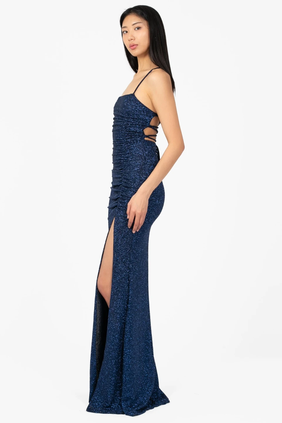 Sparkly Blue Spaghetti Strap Gown with High Slit - photo 2
