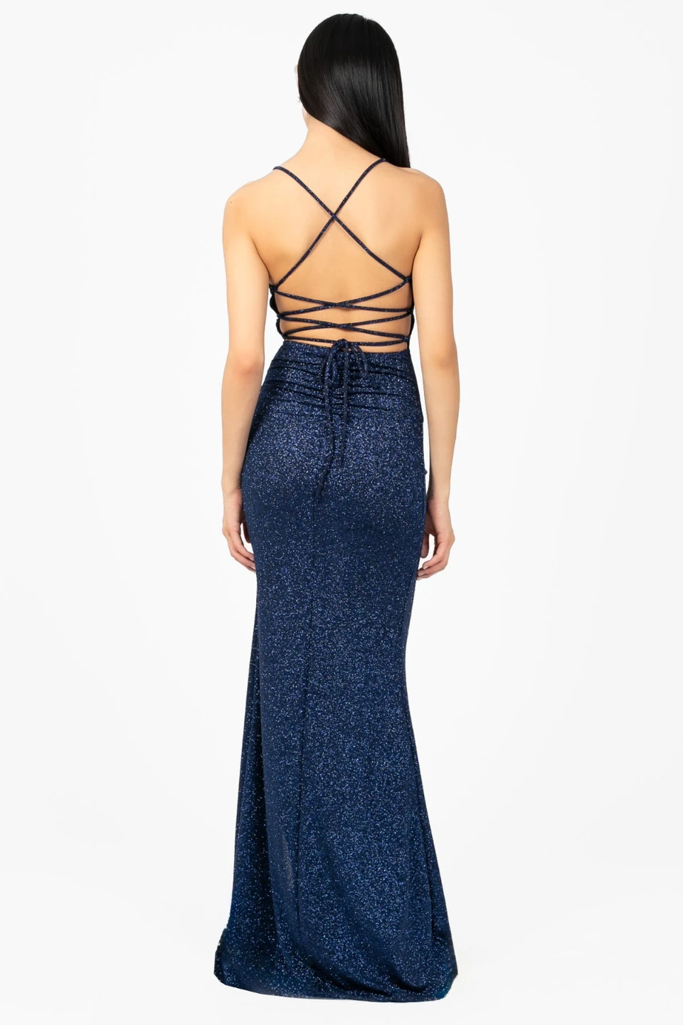 Sparkly Blue Spaghetti Strap Gown with High Slit - photo 3