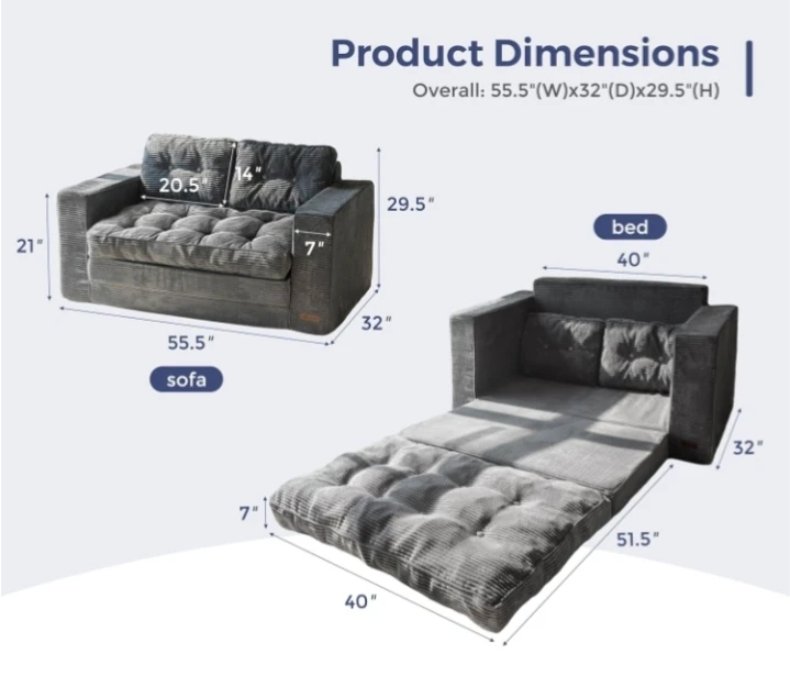 Convertible Sofa Bed - Grey Corduroy - photo 3
