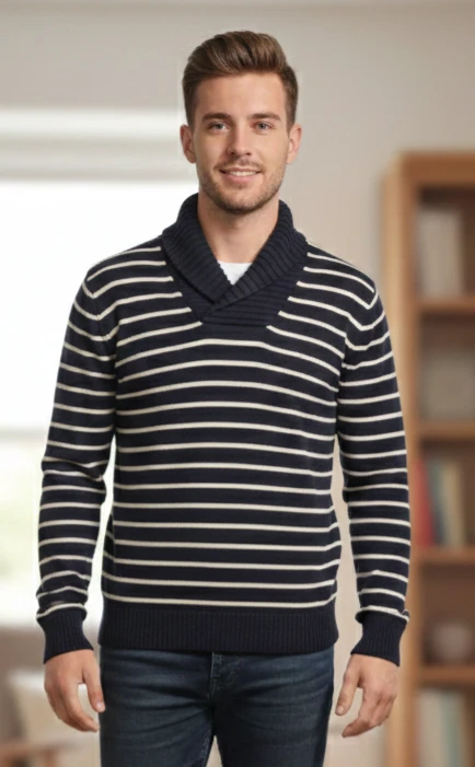 Navy and Cream Striped Shawl Collar Sweater