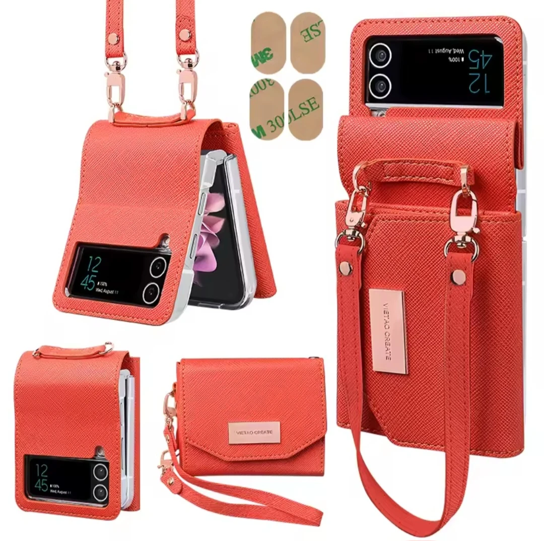 Orange Leather Wallet Case with Lanyard for Samsung Z Flip 3