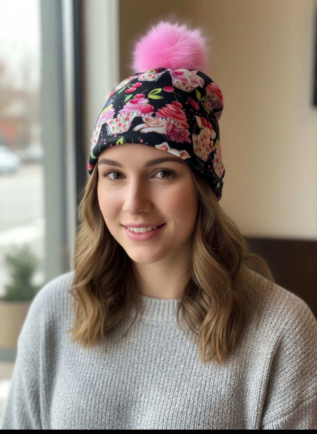 Cupcake and Pig Print Beanie with Pink Pom Pom