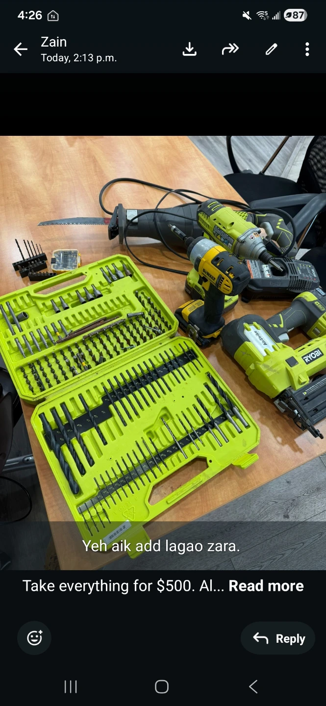 Ryobi and DeWalt Power Tools with Drill Bit Set