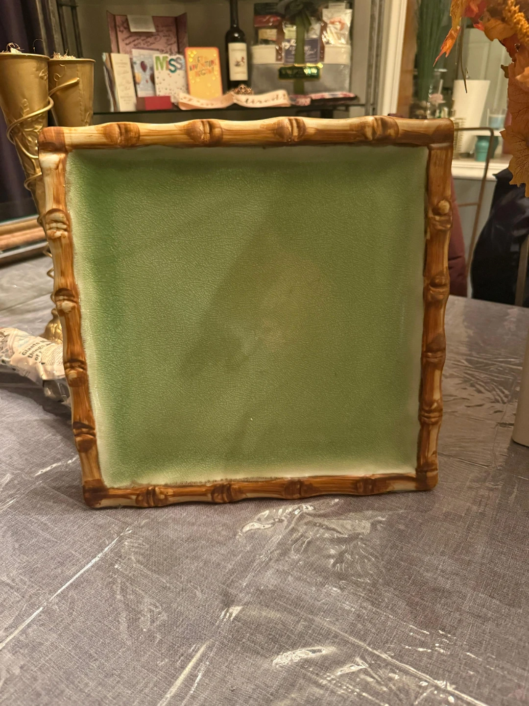 Green Ceramic Tray with Bamboo Style Trim