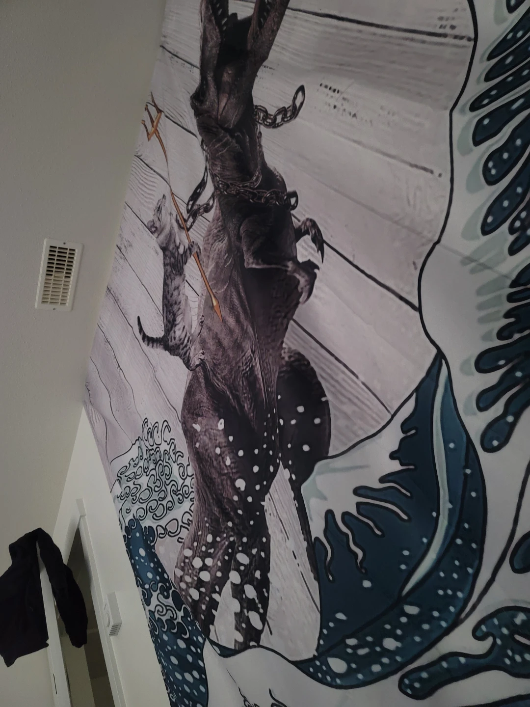 Tapestry: Dinosaur Riding Cat with Waves