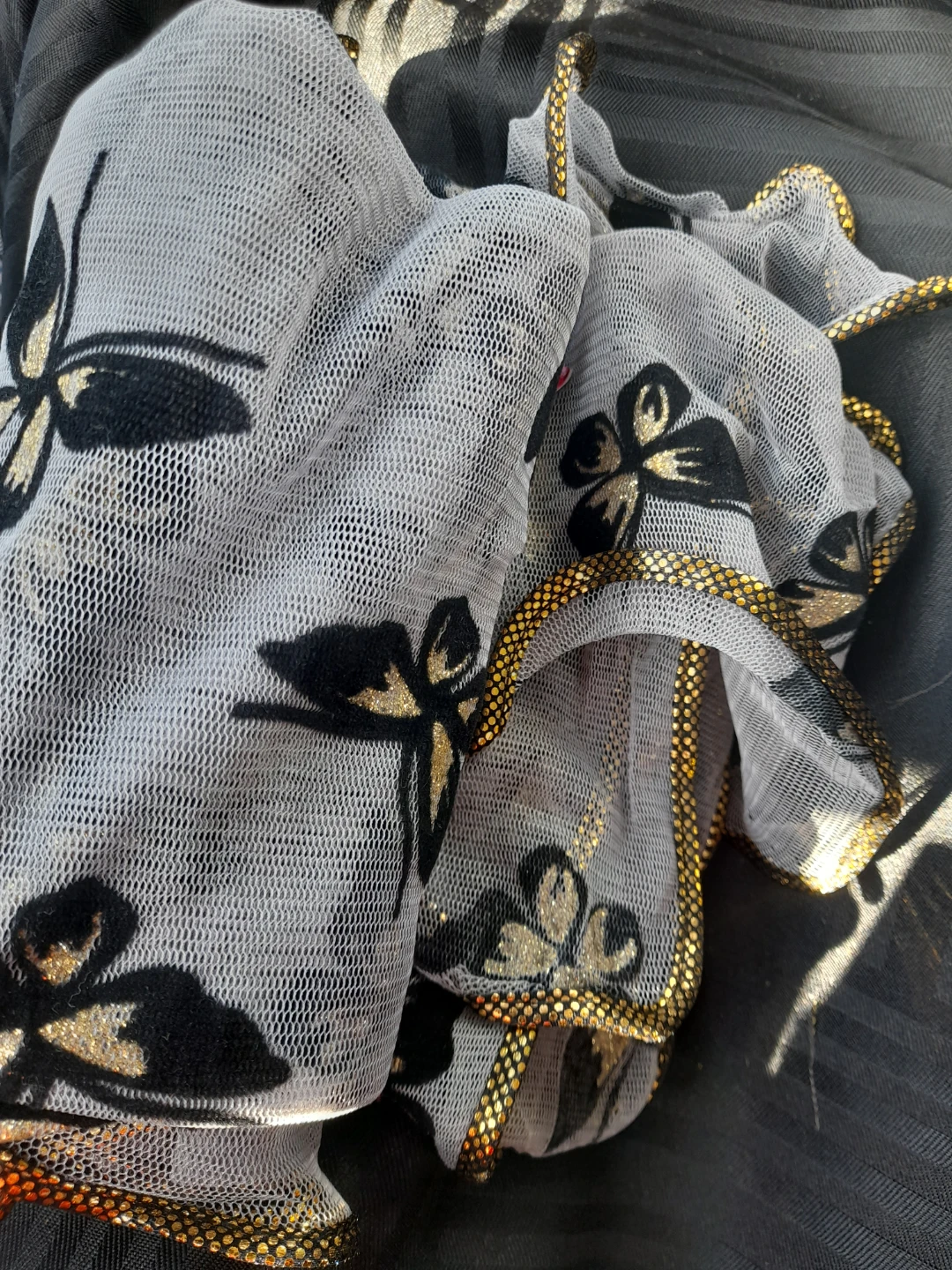 Sheer Black Butterfly Print Scarf with Gold Trim - photo 2