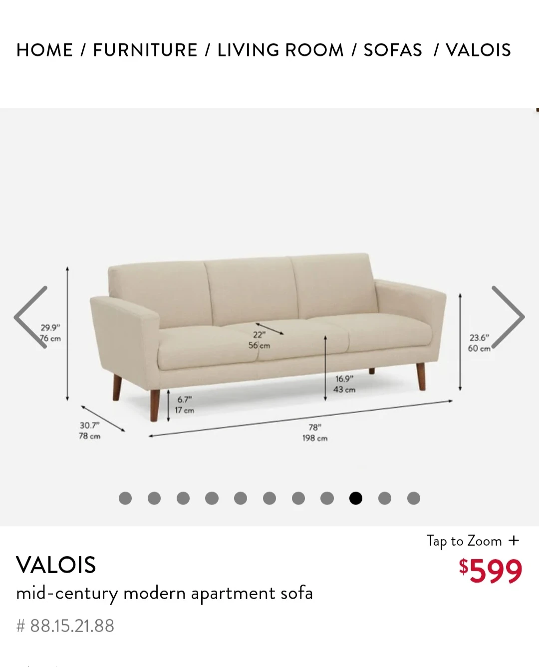 Valois Mid-Century Modern Apartment Sofa